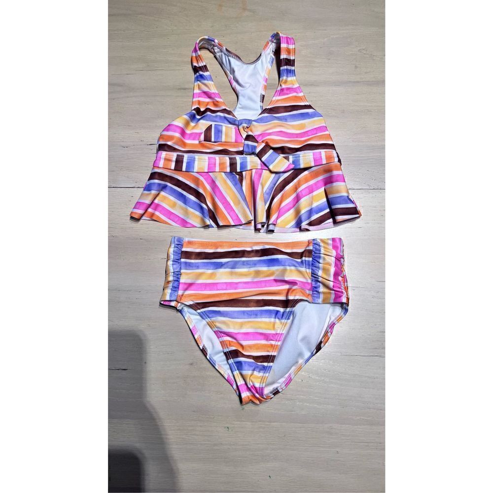 Wonder Nation Girls Striped Two-Piece Tankini Swim Set Multi-Color Size Medium - Picture 3 of 7
